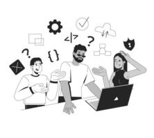 Learning to code in group line illustration concept. IT school course. Collaborative development. Diverse programming team discussion outline 2D characters isolated. Ink linear metaphor art vector