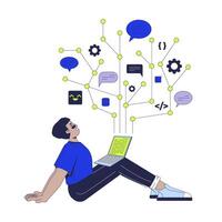 Joy of programming 2D illustration concept. IT school course. Coding education. Dev elearning. Developer student sitting with laptop cartoon character isolated on white. Flat abstract metaphor vector
