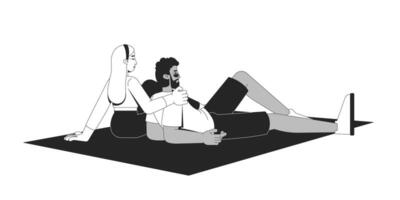 Diverse couple relaxing on picnic blanket 2D line characters. Laidback blonde woman embracing black man affectionately on mat isolated ink outline people. Monochromatic spot illustration vector