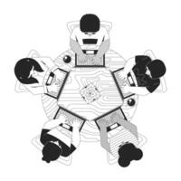 Hackathon programming group top view outline illustration. IT school. Coding class. Diverse developers laptops around table 2D line characters isolated on white. Monochrome ink linear image vector