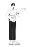 Casual asian man gesturing in patterned tshirt while speaking 2D line character. Chinese guy in friendly and approachable pose isolated ink outline person. Monochromatic spot illustration vector