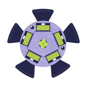 Top view of round table with laptops and coffee mugs 2D cartoon object. Collaborative workspace from above. Coworking, startup culture isolated element flat clip art on white. Spot illustration vector