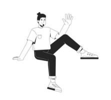 Cheerful young adult man sitting casually and waving 2D line character. Caucasian guy in relaxed posture, friendly gesture isolated ink outline person. Monochromatic spot illustration vector