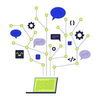 Laptop generating communication and coding tree structure 2D illustration concept. Programming, web development, IT speech bubbles cartoon object isolated on white. Flat abstract metaphor vector