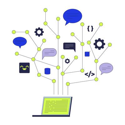 Laptop generating communication and coding tree structure 2D illustration concept. Programming, web development, IT speech bubbles cartoon object isolated on white. Flat abstract metaphor