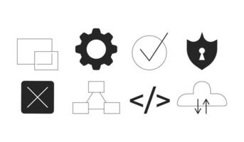 Technology and UI icons 2D line objects set. Cloud computing, code brackets, checkmark tick, shield, gear, cancel isolated cliparts ink outline items. Monochrome spot illustrations collection vector