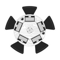 Top view of round table with laptops and coffee mugs 2D line object. Collaborative workspace above. Coworking, startup culture isolated clipart ink outline item. Monochrome spot illustration vector