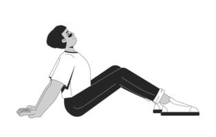 Relaxed latino man sitting on floor leaning back 2D line character. Casual rest. Peaceful break. Leisure time. Laidback hispanic guy isolated ink outline person. Monochromatic spot illustration vector