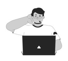 Confused arab man using laptop while scratching back of head 2D line character. Frustrated middle eastern guy with puzzled gesture isolated ink outline person. Monochromatic spot illustration vector