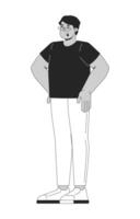 Arab man with eyeglasses standing confidently with hands on hips 2D line character. Glasses guy in black tshirt and white pants isolated ink outline person. Monochromatic spot illustration vector