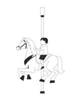 Child riding carousel horse at amusement park 2D line character. Nostalgic joy. Young kid enjoying merry go round isolated ink outline faceless person. Monochromatic spot illustration vector