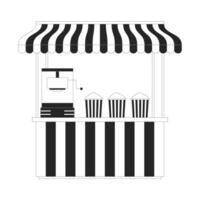 Popcorn stall with striped canopy and machine 2D line object. Food festival vendor kiosk. Snack counter with popcorn buckets isolated clipart ink outline item. Monochrome spot illustration vector