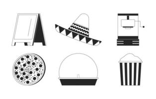 Festival snacks and carnival event decor 2D line objects set. Pizza, popcorn, sombrero, sidewalk sign, machines isolated cliparts ink outline items. Monochrome spot illustrations collection vector