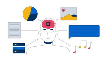 LLM training datasets 2D animation. Large language model data inputs. Deep learning. AI brain cognitive processing animated composition cartoon flat concept metaphor 4K isolated on white vector