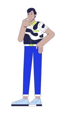 Thoughtful indian man in bold abstract shirt rubbing chin 2D cartoon character. Decision making. South asian guy in modern clothing flat person isolated on white. Spot illustration colorful