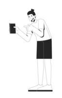 Bearded european man pointing at smartphone screen 2D line character. Digital lifestyle. Casual caucasian guy taking on phone isolated ink outline person. Monochromatic spot illustration vector