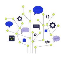 Abstract coding and communication network 2D cartoon object. Software development. Backend processes. Speech bubbles and tech icons isolated element flat clip art on white. Spot illustration vector