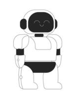Adorable small humanoid robot with friendly smiling expression 2D line object. Cute robotic technology. Tech futuristic toy isolated clipart ink outline item. Monochrome spot illustration vector
