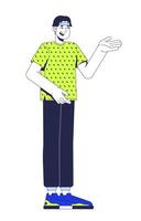 Casual asian man gesturing in lime green tshirt while speaking 2D cartoon character. Chinese guy in friendly and approachable pose flat person isolated on white. Spot illustration colorful vector