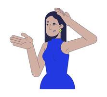Puzzled turkish woman reasoning with hand gestures 2D cartoon character. Arab female with uncertain face expressing misunderstanding flat person isolated on white. Spot illustration colorful vector