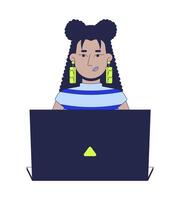Stylish latina woman with long earrings typing laptop 2D cartoon character. Web designer. Confident hispanic female developer coding flat person isolated on white. Spot illustration colorful vector
