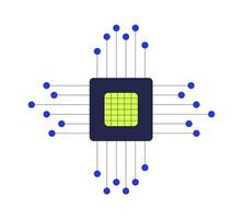 Central microchip with extending circuit nodes 2D cartoon object. Computing power. IT technology. AI chip motherboard. CPU symbol isolated element flat clip art on white. Spot illustration vector