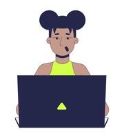 Surprised black woman working on laptop 2D cartoon character. African american girl with space buns expressing shock while typing flat person isolated on white. Spot illustration colorful vector