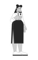Curvy latina woman taking on smartphone 2D line character. Plus size hispanic female in casual wear mobile phone selfie isolated ink outline person. Monochromatic spot illustration vector