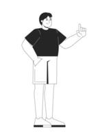 European plus size man in black tshirt pointing up 2D line character. Asian plump guy raising one finger with hand in pocket isolated ink outline person. Monochromatic spot illustration vector