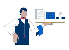 Serving up data for training AI 2D animation. Improving language model performance. Butler holding tray with datasets animated character cartoon flat concept metaphor 4K isolated on white vector