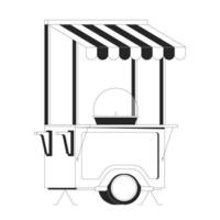 Cotton candy cart with striped canopy 2D line object. Festive and street fair theme. Mobile stand. Dessert stall. Treat station isolated clipart ink outline item. Monochrome spot illustration vector