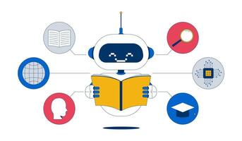 AI training 2D animation. Machine learning, artificial intelligence tech. Algorithm improvement. Robot reading dataset animated character cartoon flat concept metaphor 4K isolated on white vector