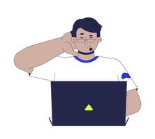 Confused arab man using laptop while scratching back of head 2D cartoon character. Frustrated middle eastern guy with puzzled gesture flat person isolated on white. Spot illustration colorful vector