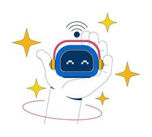 AI robot companion 2D animation. Artificial intelligence robotic toy wireless signal. Smart AI assistant with headphones animated composition cartoon flat concept metaphor 4K isolated on white vector