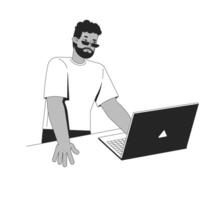 African american man standing and working on laptop 2D line character. Bearded freelancer black guy in sunglasses leaning over desk isolated ink outline person. Monochromatic spot illustration vector