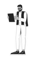 Bearded casual black man holding digital tablet and stylus 2D line character. Professional male with sweater draped over shoulders isolated ink outline person. Monochromatic spot illustration vector