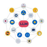 LLM large language model 2D animation. Machine learning. AI algorithm with interconnected technology, data, code animated composition cartoon flat concept metaphor 4K isolated on white vector