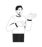 Happy chinese man explaining with gestures 2D line character. Online teacher. Engaging speaker. Asian male friendly presenter isolated ink outline person. Monochromatic spot illustration vector