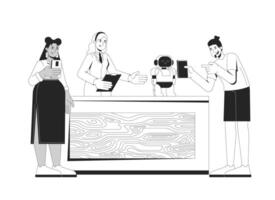 Diverse gen z attendees taking s of robot at science expo booth 2D line characters. STEM woman presenting robotics on event isolated ink outline people. Monochromatic spot illustration vector