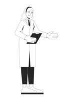 Blonde woman scientist holding clipboard in lab coat 2D line character. Female researcher science expert gesturing explaining isolated ink outline person. Monochromatic spot illustration vector