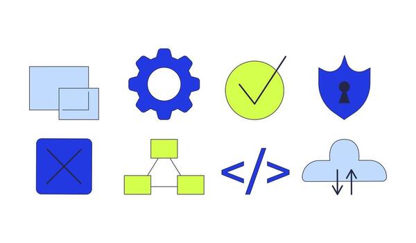 Technology and UI icons 2D cartoon objects set. Cloud computing, code brackets, checkmark tick, shield, gear, cancel isolated elements flat clip arts on white. Spot illustrations collection vector