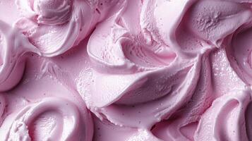 Strawberry ice cream texture close up, creamy surface swirl pattern, top view photo