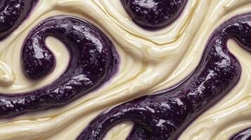 Yogurt with jam in close-up view, top view texture photo