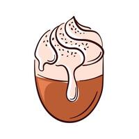 Flat illustration of a coffee cup with whipped cream and cinnamon seasoning. Perfect for cafe delivery packaging, bakery branding or food design element on white background. vector