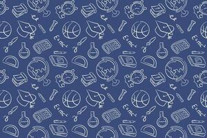School seamless pattern in doodle style on a blue background. Back to school wallpaper with stationery, notebook, globe, calculator, calendar, basketball ball, alarm. vector