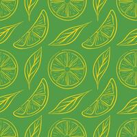 Seamless lemon slice pattern in line art style on green background. Perfect for organic food delivery packaging, kitchen wallpaper, summer cafe design and natural fruit background. vector