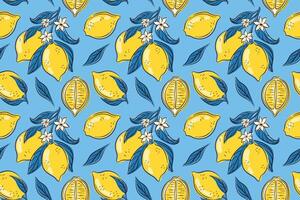 Seamless pattern of whole and slice lemon with leaves and white flower on a blue background in flat style. Perfect for summer citrus design, food packaging, kitchen textile and fresh theme. vector