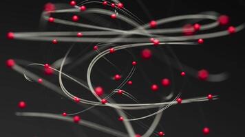 Abstract animation with moving shiny lines connecting red spheres. The blur effect and dynamic movement create a sense of depth, making it perfect for scientific and technological projects. video