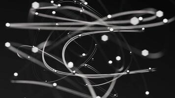 Abstract animation with moving shiny lines connecting metallic spheres. The blur effect and dynamic movement create a sense of depth, making it perfect for scientific and technological projects. video