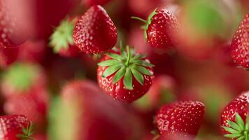 Animation of a group of strawberry. Many strawberry slowly rotate in the background in space. Horizontal composition. Defocus. Close-up video
